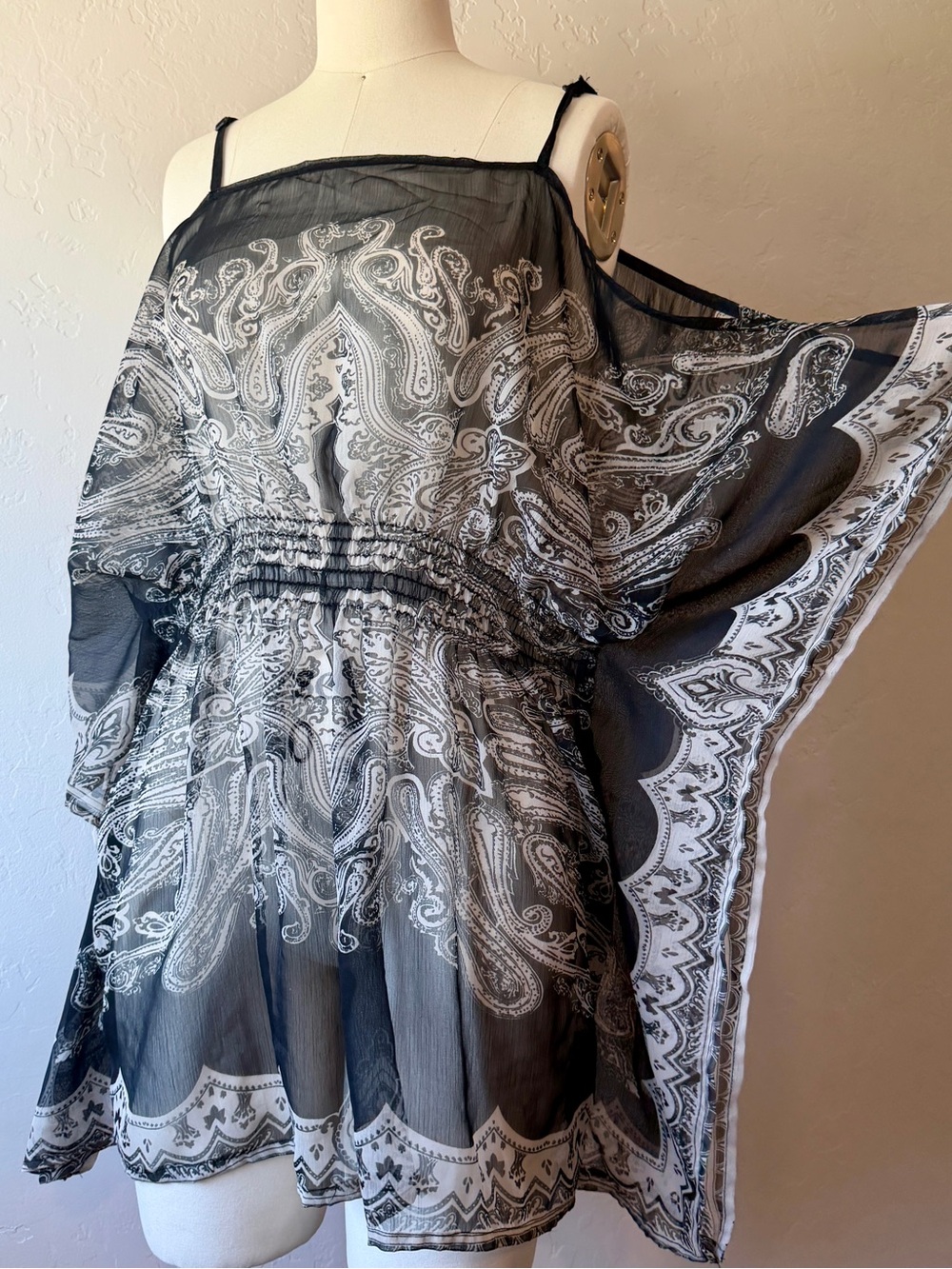 GOTHIC VTG Sheer Cold-Shoulder Smocked Waist Flutter Sleeves Tunic- Black - SZ M